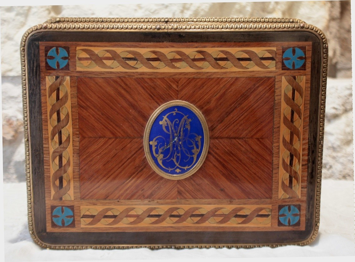 Inlaid Wood, Gilt Bronze And Porcelain Medallion Box, Late 19th Century Period-photo-2