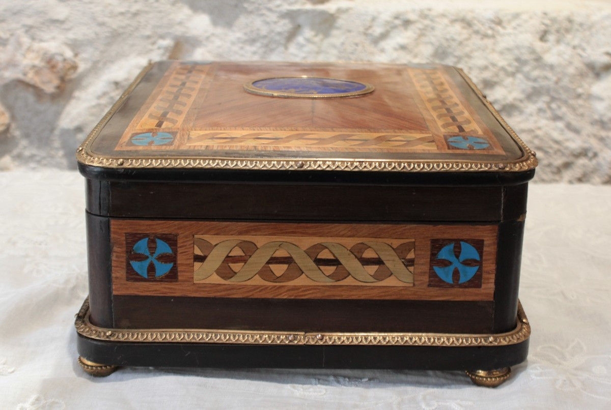 Inlaid Wood, Gilt Bronze And Porcelain Medallion Box, Late 19th Century Period-photo-4