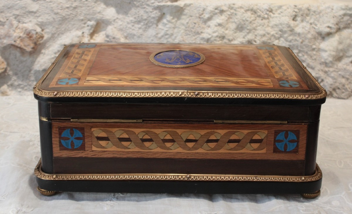 Inlaid Wood, Gilt Bronze And Porcelain Medallion Box, Late 19th Century Period-photo-5