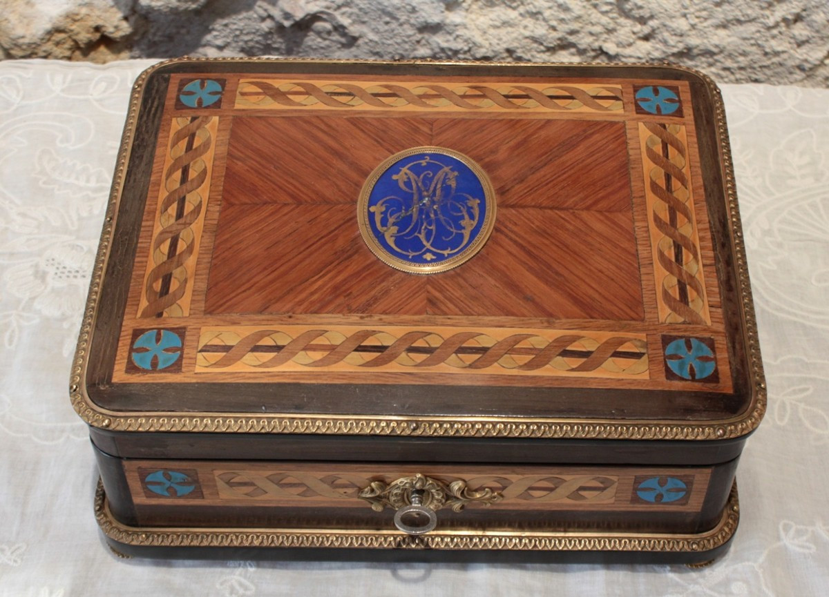 Inlaid Wood, Gilt Bronze And Porcelain Medallion Box, Late 19th Century Period