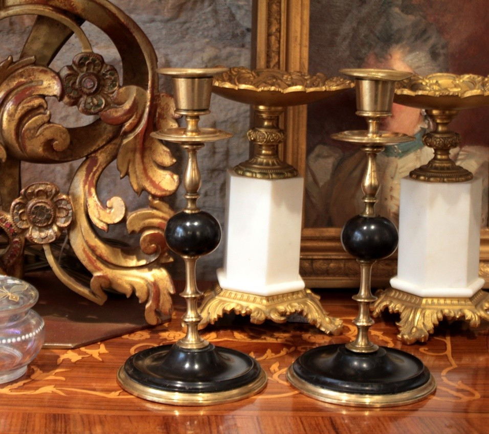 Pair Of Candlesticks In Gilt Brass And Black Marble, Late 19th Century-photo-2