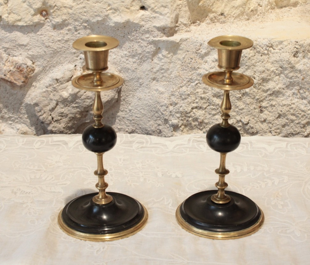 Pair Of Candlesticks In Gilt Brass And Black Marble, Late 19th Century