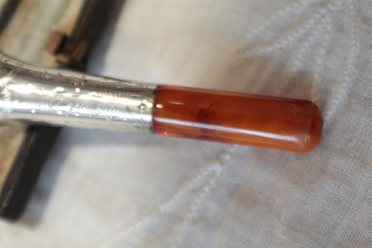 Silver, Pipe Clay And Amber Cigarette Lighter In Original Late 19th Century Leather Case-photo-1