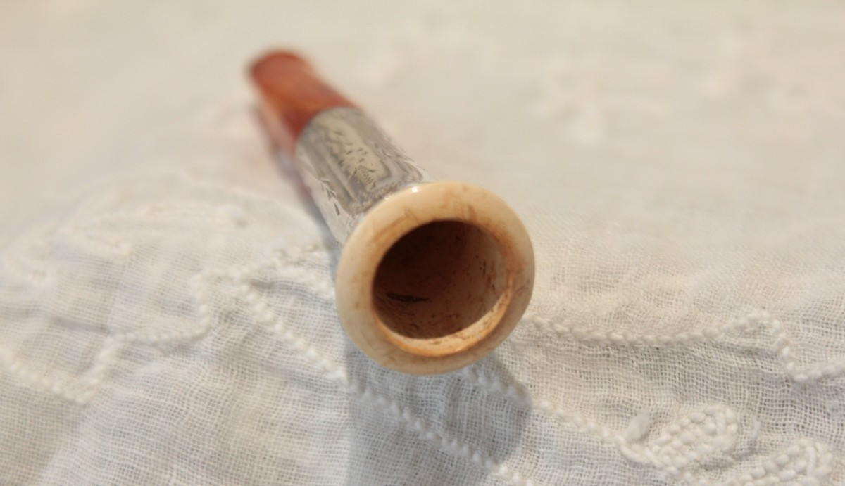 Silver, Pipe Clay And Amber Cigarette Lighter In Original Late 19th Century Leather Case-photo-2