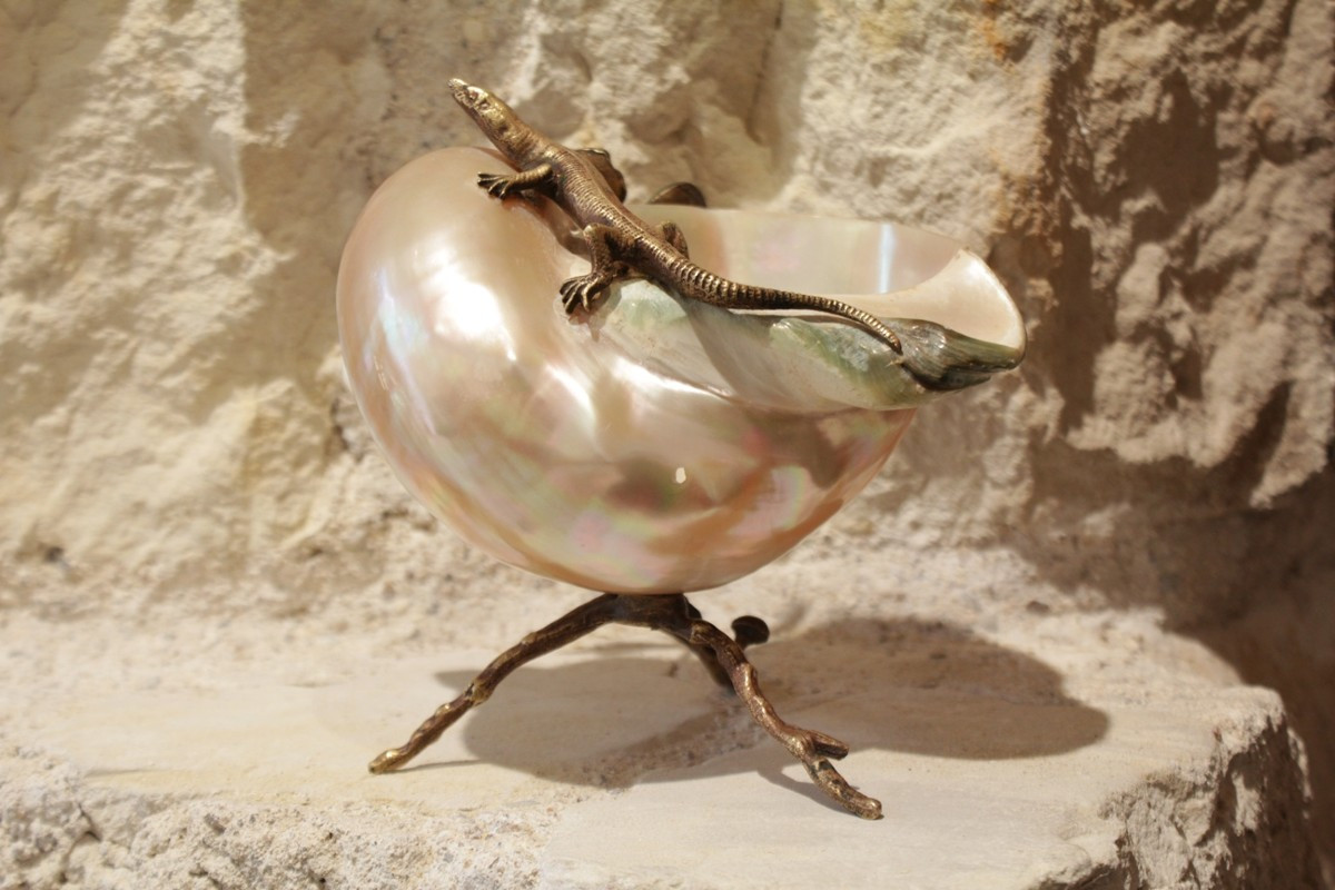 Coquillage nacré monture en bronze doré lézard et tiges végétales fin 19ème siècle-photo-2