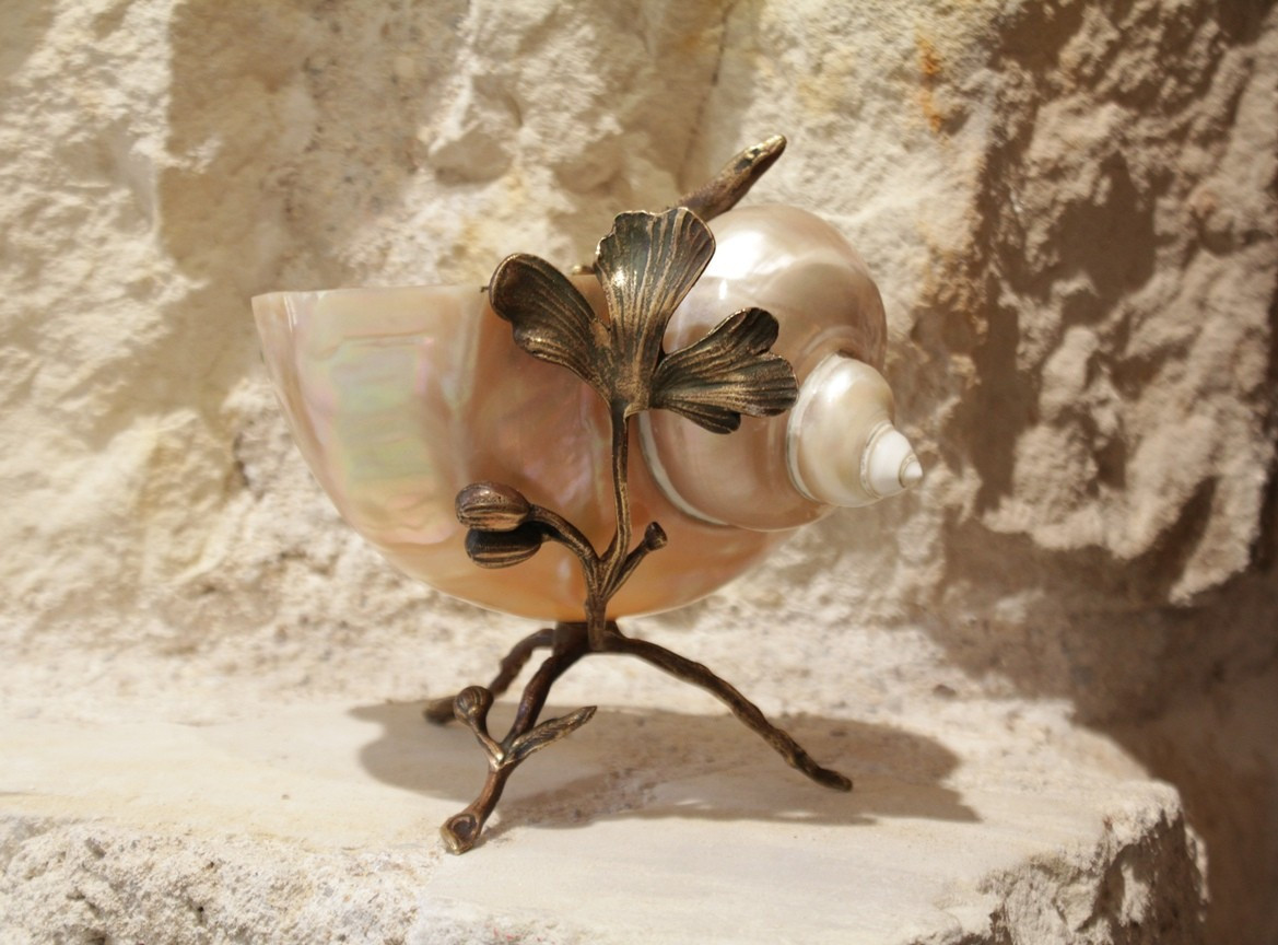Coquillage nacré monture en bronze doré lézard et tiges végétales fin 19ème siècle-photo-3