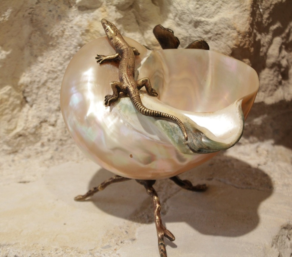 Coquillage nacré monture en bronze doré lézard et tiges végétales fin 19ème siècle-photo-4