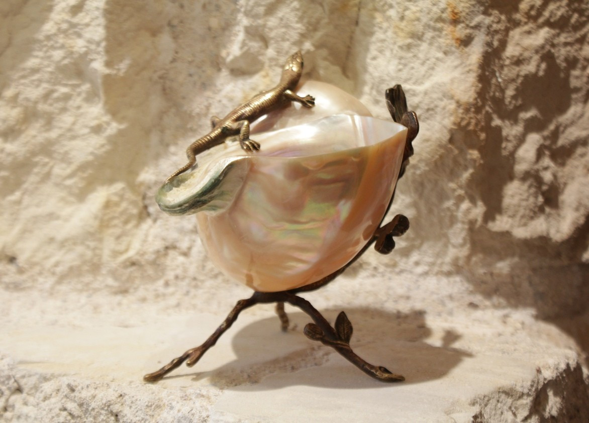 Coquillage nacré monture en bronze doré lézard et tiges végétales fin 19ème siècle-photo-2