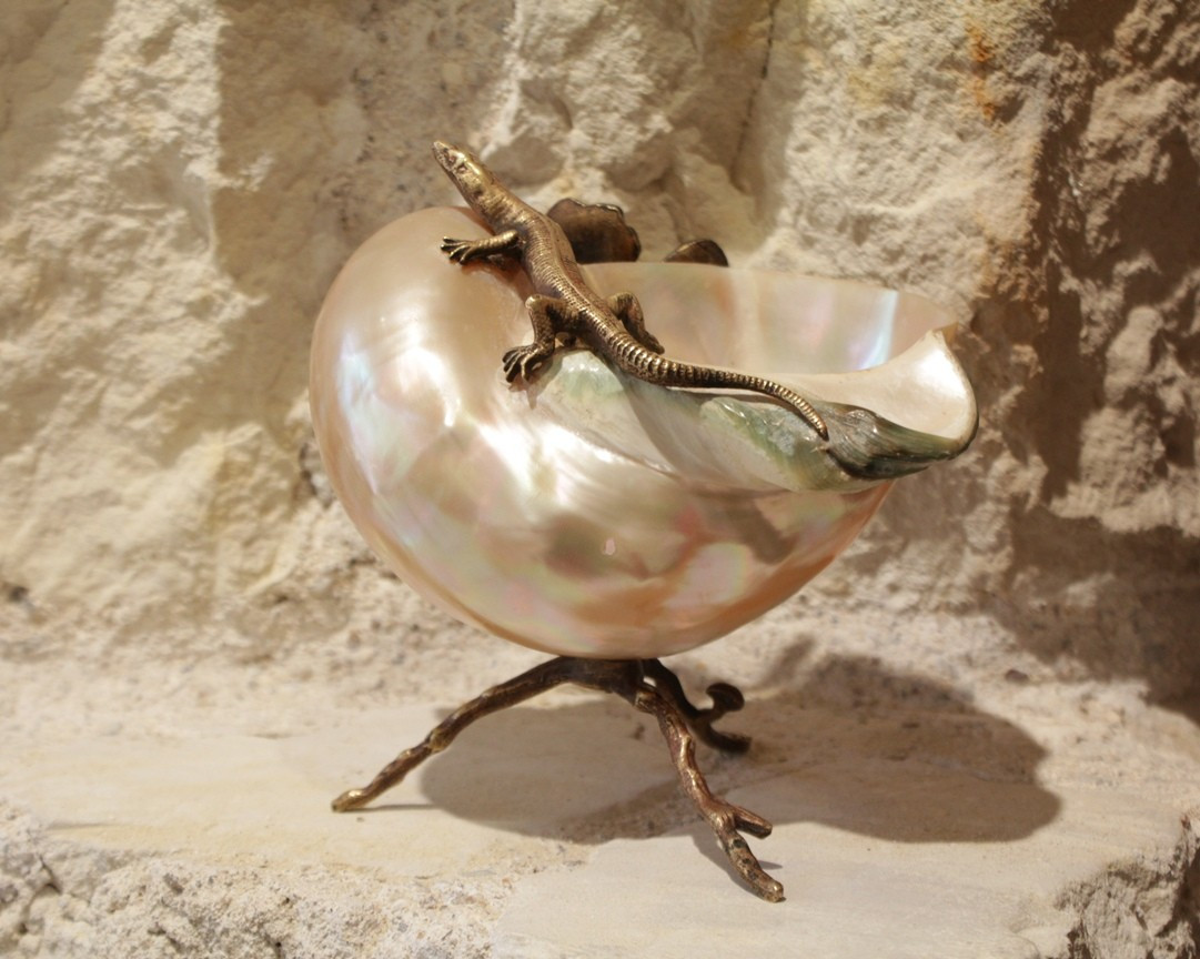Coquillage nacré monture en bronze doré lézard et tiges végétales fin 19ème siècle-photo-3