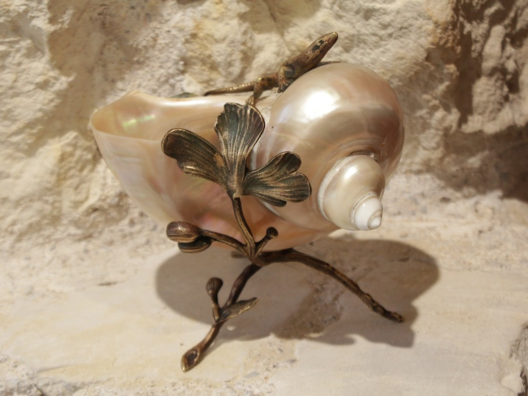 Coquillage nacré monture en bronze doré lézard et tiges végétales fin 19ème siècle-photo-4