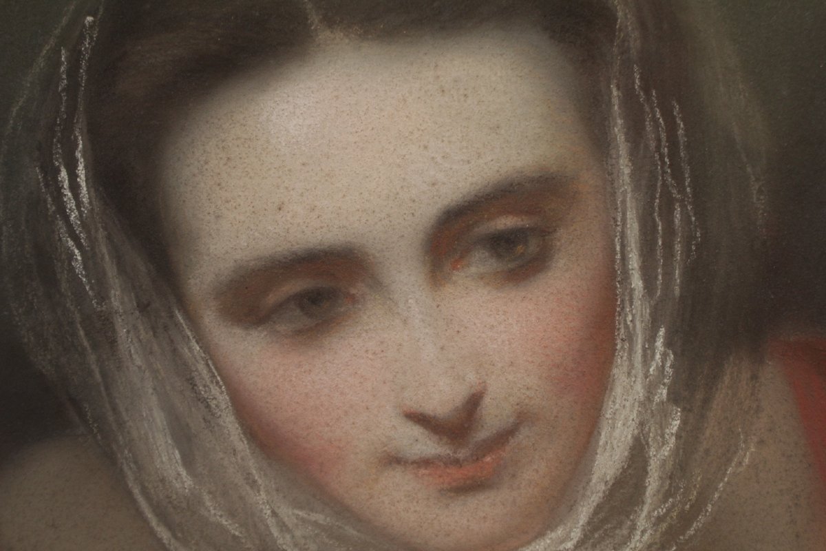 Large Pastel, 'woman With A Scarf' Circa 1850-1870-photo-3
