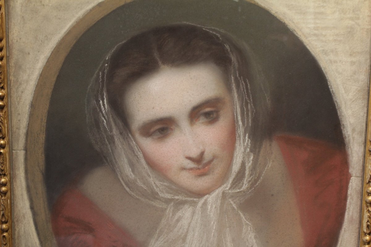 Large Pastel, 'woman With A Scarf' Circa 1850-1870-photo-4