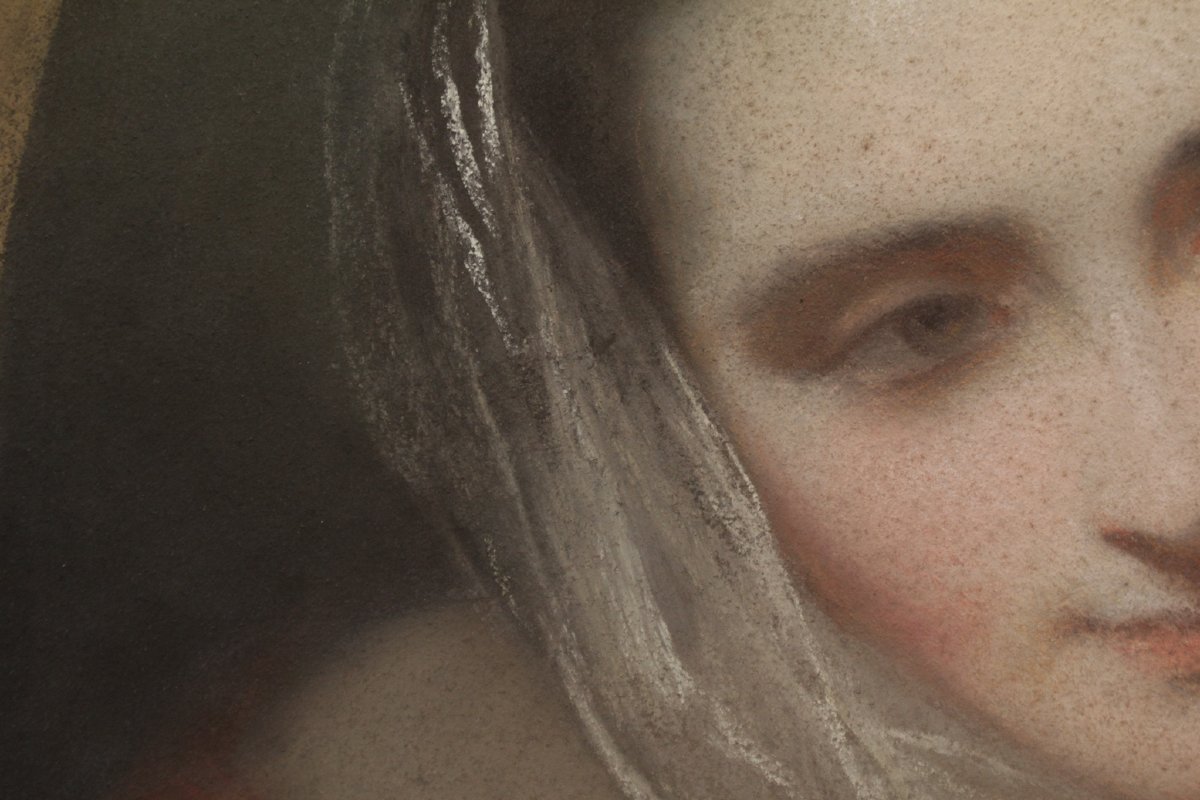 Large Pastel, 'woman With A Scarf' Circa 1850-1870-photo-4