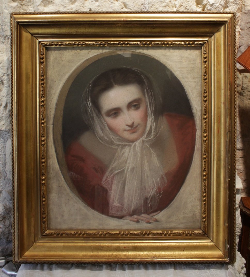 Large Pastel, 'woman With A Scarf' Circa 1850-1870