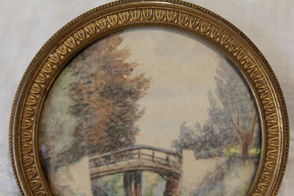 Miniature à vue ronde paysage aquarelle fin 19ème siècle-photo-2