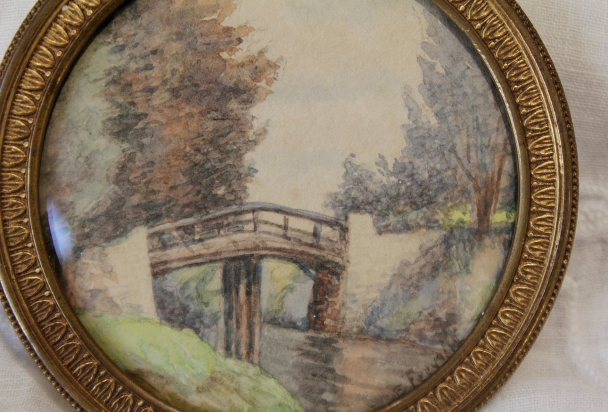 Miniature à vue ronde paysage aquarelle fin 19ème siècle-photo-3