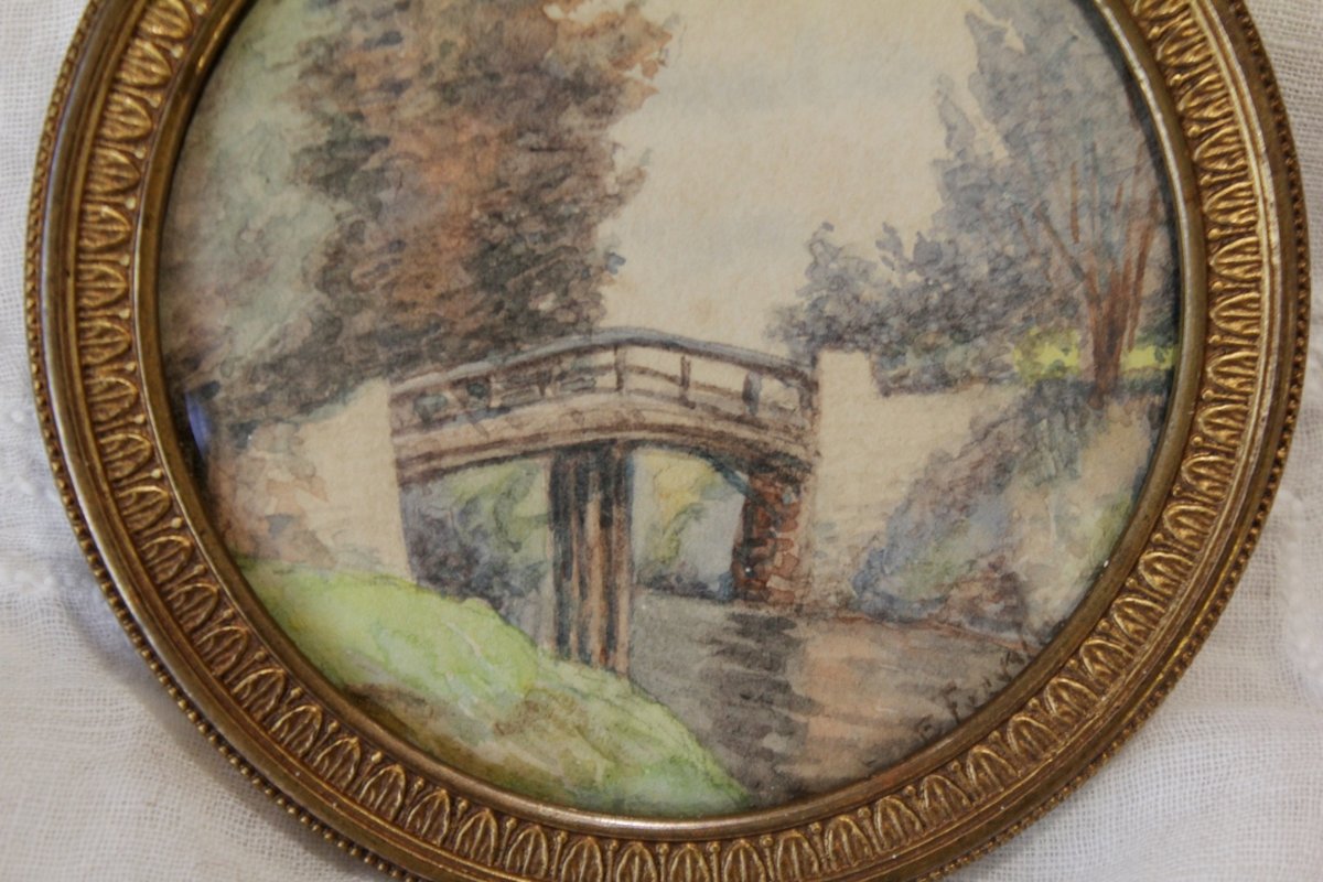 Miniature à vue ronde paysage aquarelle fin 19ème siècle-photo-4