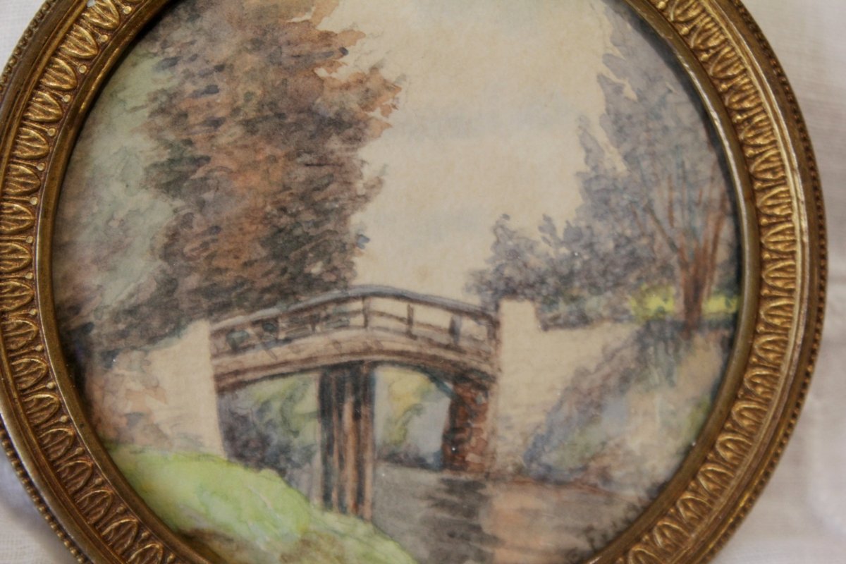 Miniature à vue ronde paysage aquarelle fin 19ème siècle-photo-1