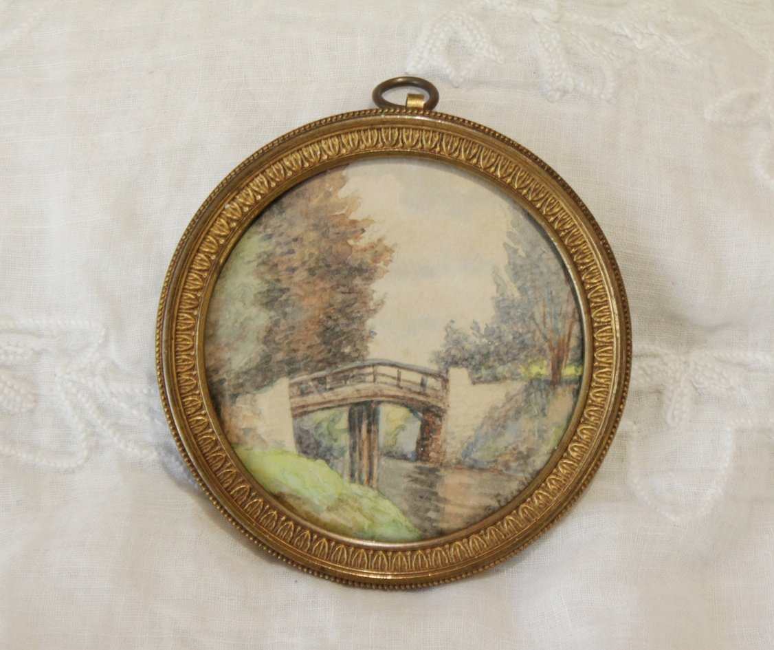 Miniature à vue ronde paysage aquarelle fin 19ème siècle