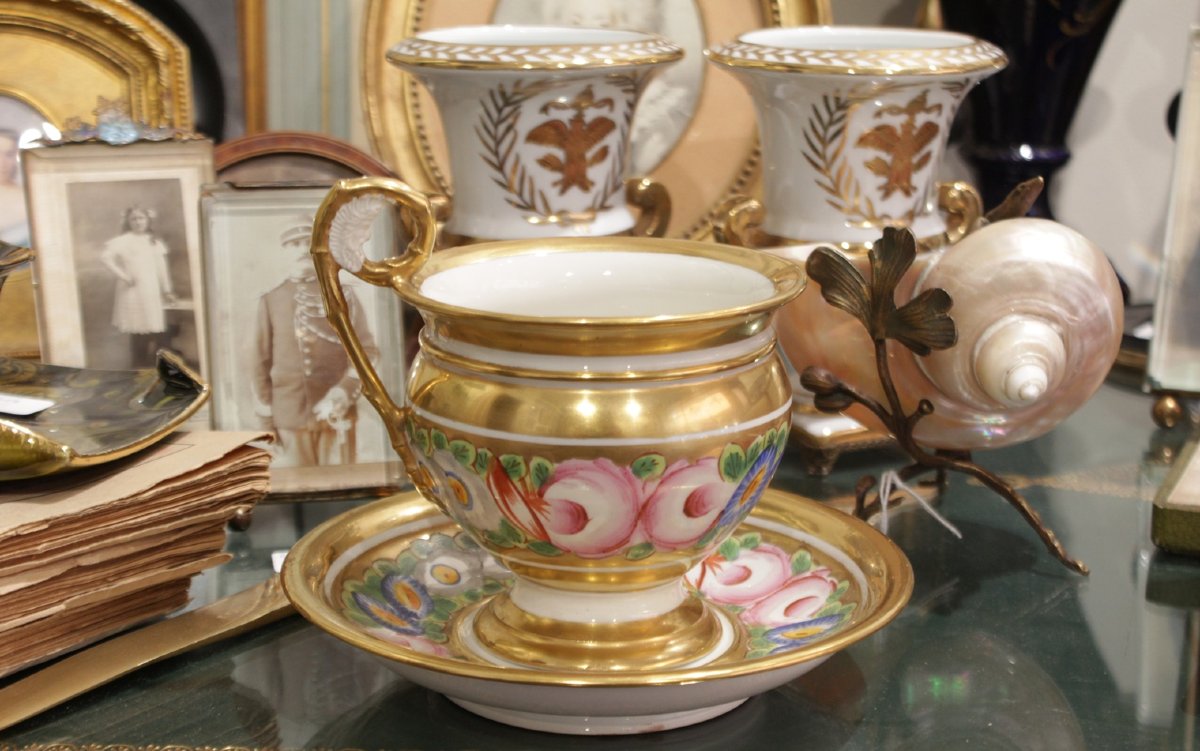 Dinner Set, Cup And Saucer, Porcelain With Polychrome Floral Decoration, Circa 1815-1830-photo-7