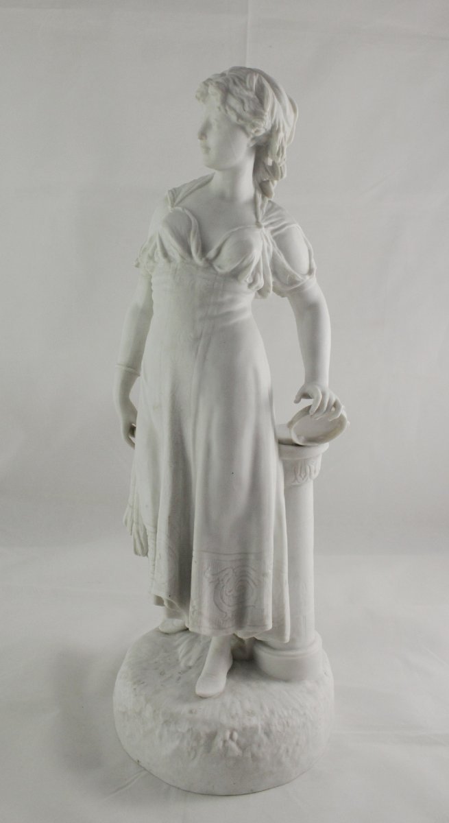 Large Bisque Porcelain Sculpture, "young Girl With A Tambourine," 19th Century-photo-2