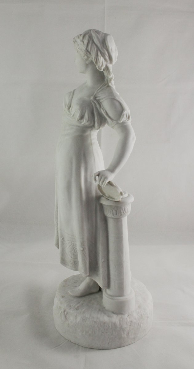 Large Bisque Porcelain Sculpture, "young Girl With A Tambourine," 19th Century-photo-3