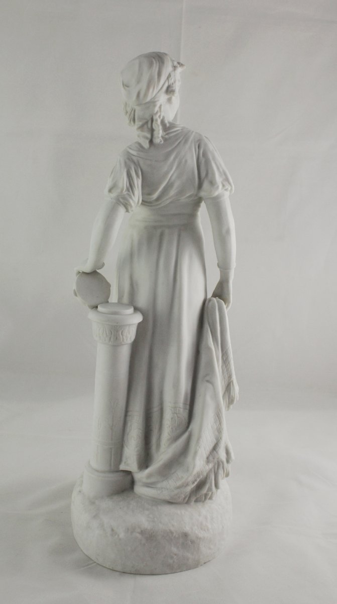 Large Bisque Porcelain Sculpture, "young Girl With A Tambourine," 19th Century-photo-4