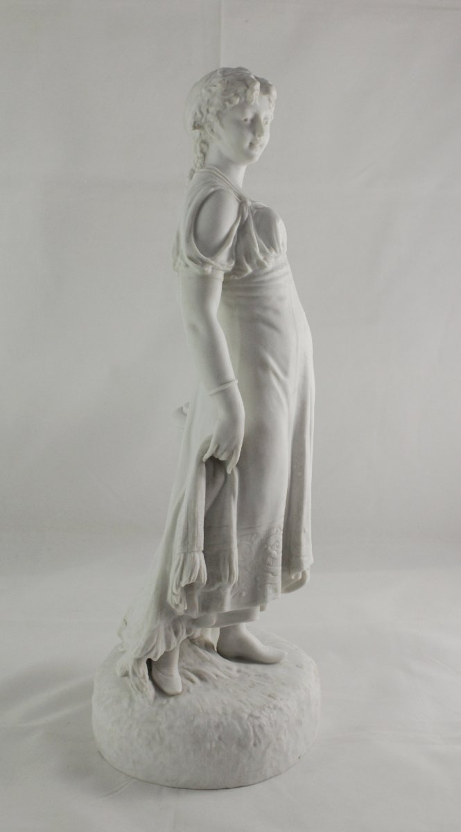 Large Bisque Porcelain Sculpture, "young Girl With A Tambourine," 19th Century-photo-1