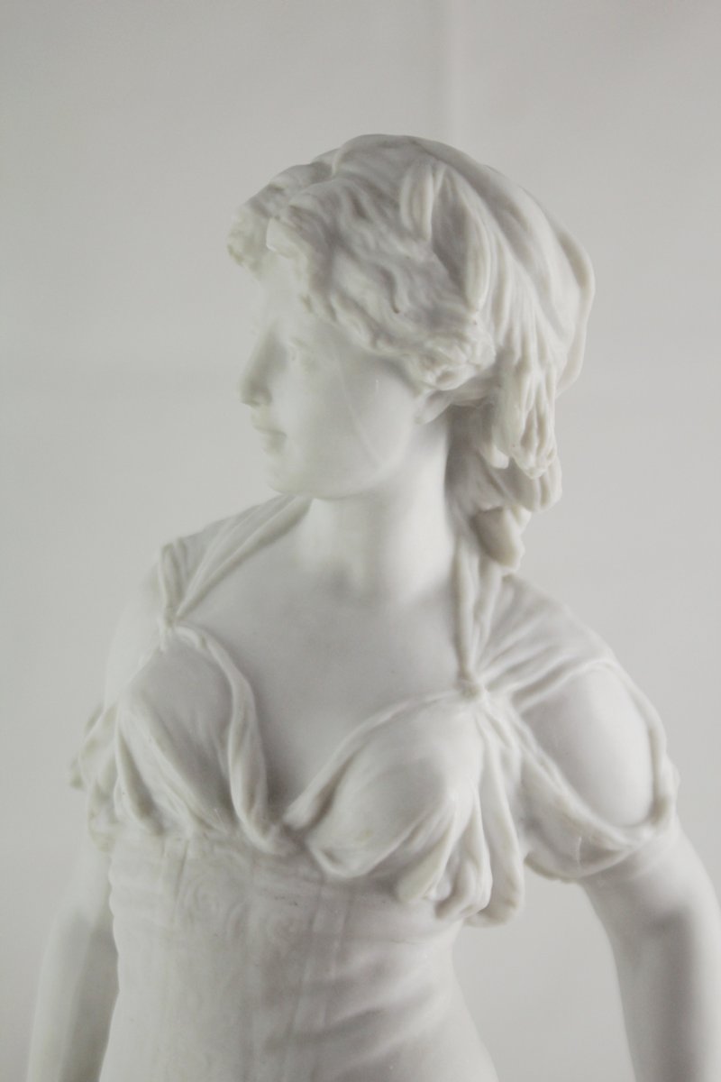 Large Bisque Porcelain Sculpture, "young Girl With A Tambourine," 19th Century-photo-2