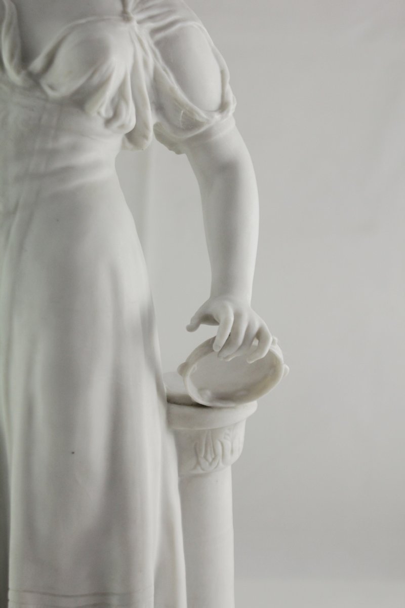 Large Bisque Porcelain Sculpture, "young Girl With A Tambourine," 19th Century-photo-3