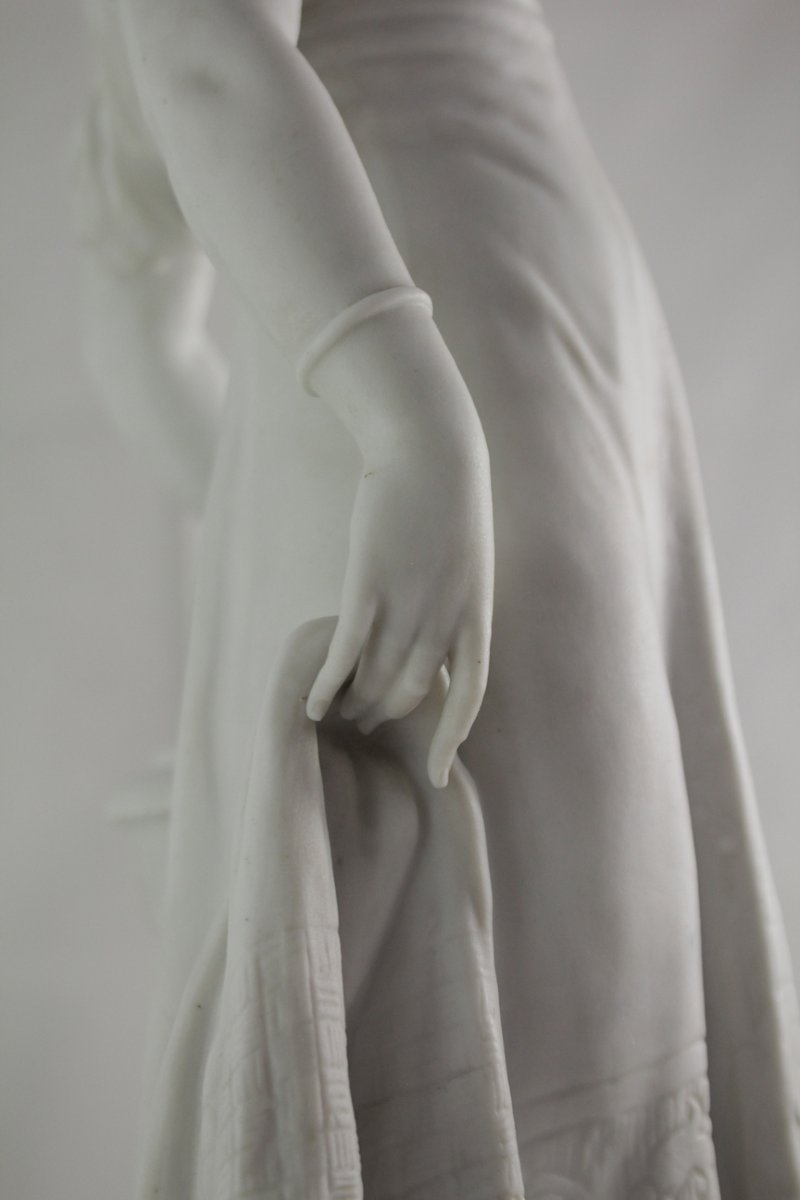 Large Bisque Porcelain Sculpture, "young Girl With A Tambourine," 19th Century-photo-5