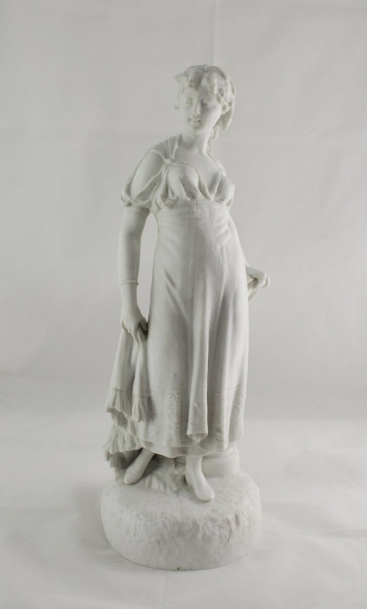 Large Bisque Porcelain Sculpture, "young Girl With A Tambourine," 19th Century