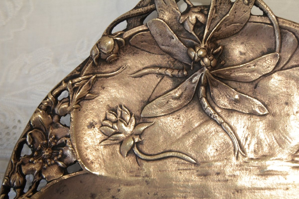 Vide-poche en bronze doré aux libellules signé Louis-Théophile Hingre (1832-1911), Art Nouveau-photo-3