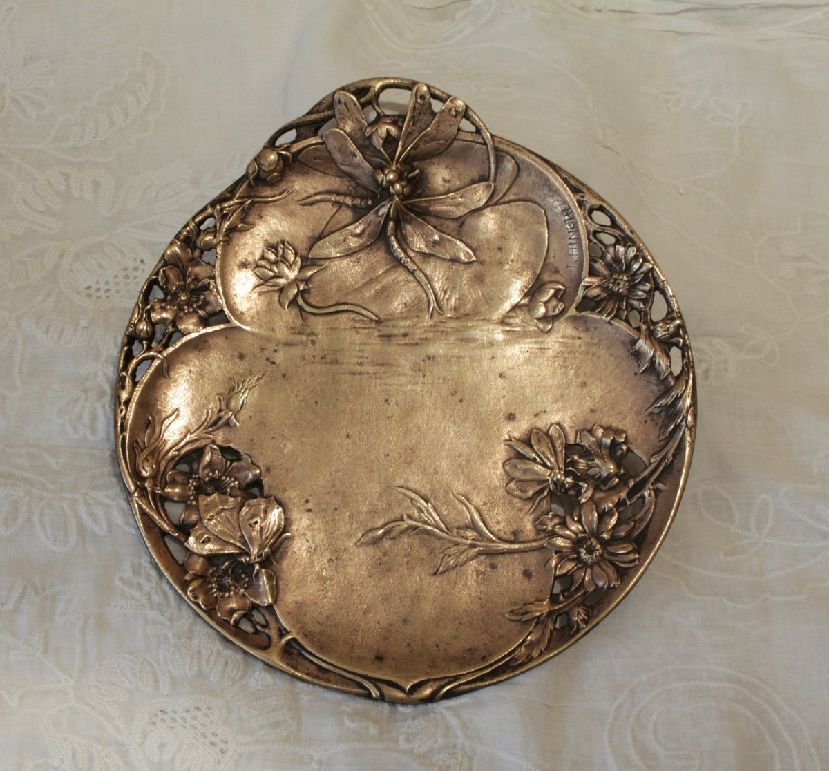 Vide-poche en bronze doré aux libellules signé Louis-Théophile Hingre (1832-1911), Art Nouveau-photo-3