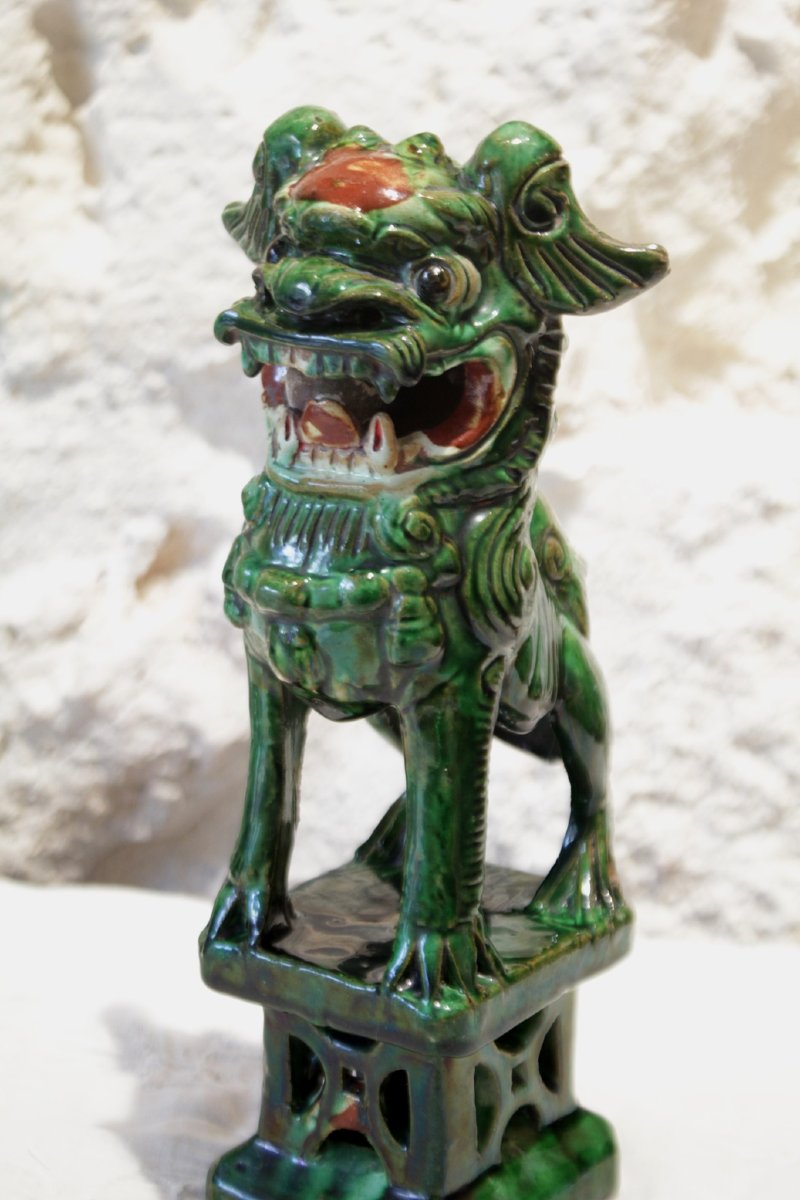 Fô Dog Sculpture In Green-glazed Terracotta, First Half Of The 20th Century-photo-2