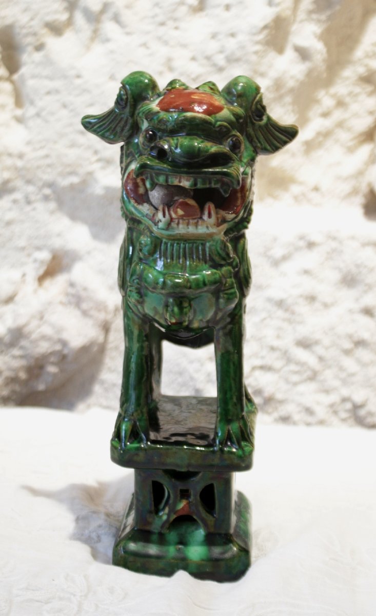 Fô Dog Sculpture In Green-glazed Terracotta, First Half Of The 20th Century-photo-3