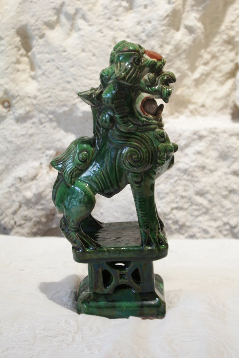 Fô Dog Sculpture In Green-glazed Terracotta, First Half Of The 20th Century-photo-4