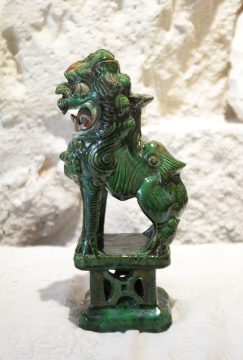 Fô Dog Sculpture In Green-glazed Terracotta, First Half Of The 20th Century-photo-2