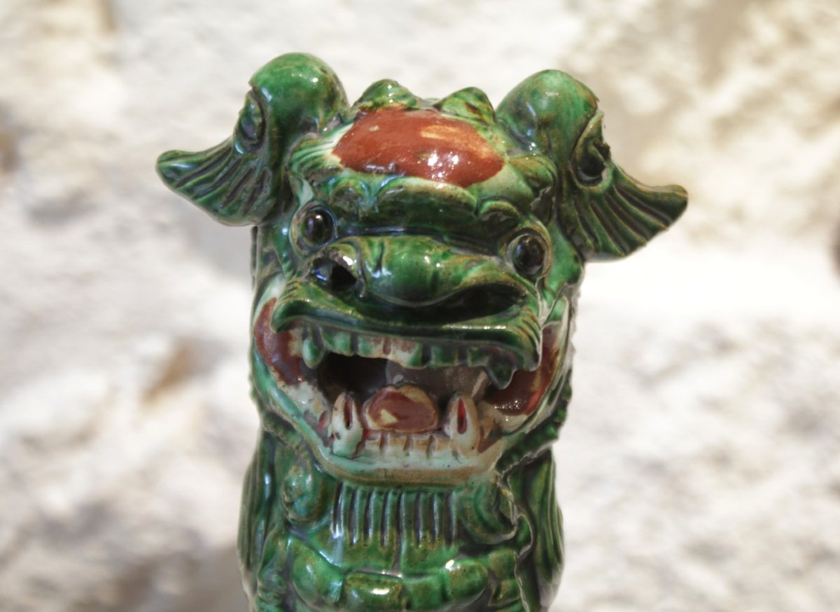 Fô Dog Sculpture In Green-glazed Terracotta, First Half Of The 20th Century-photo-3