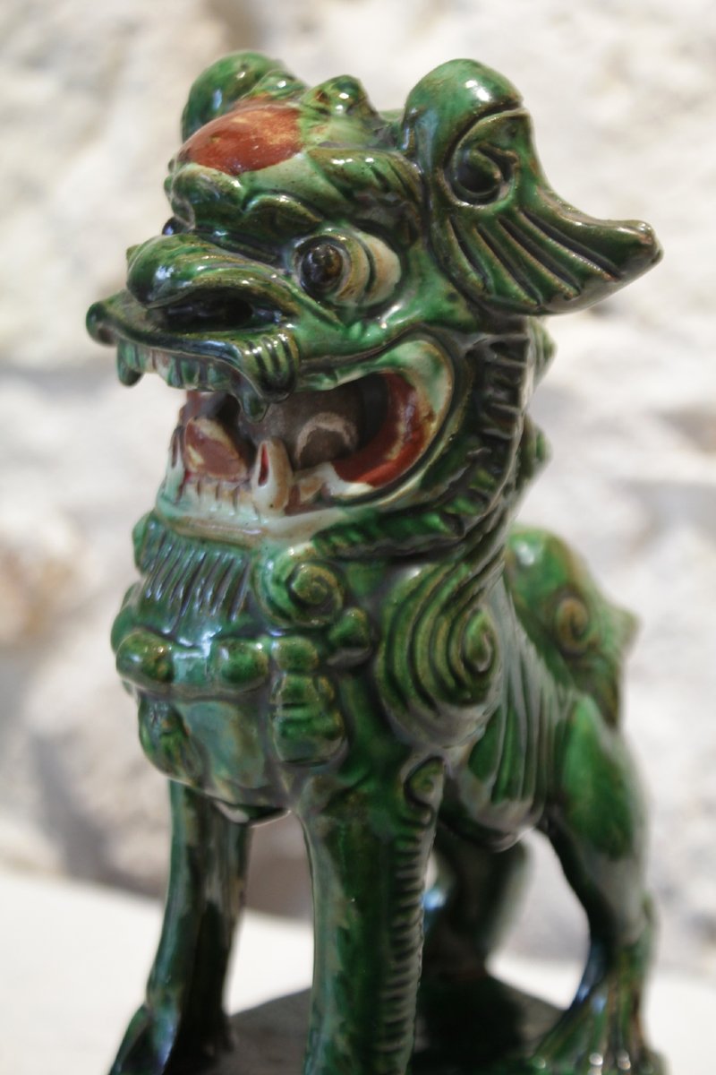 Fô Dog Sculpture In Green-glazed Terracotta, First Half Of The 20th Century-photo-4