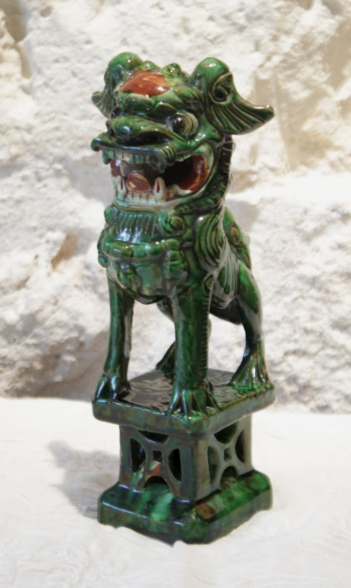 Fô Dog Sculpture In Green-glazed Terracotta, First Half Of The 20th Century
