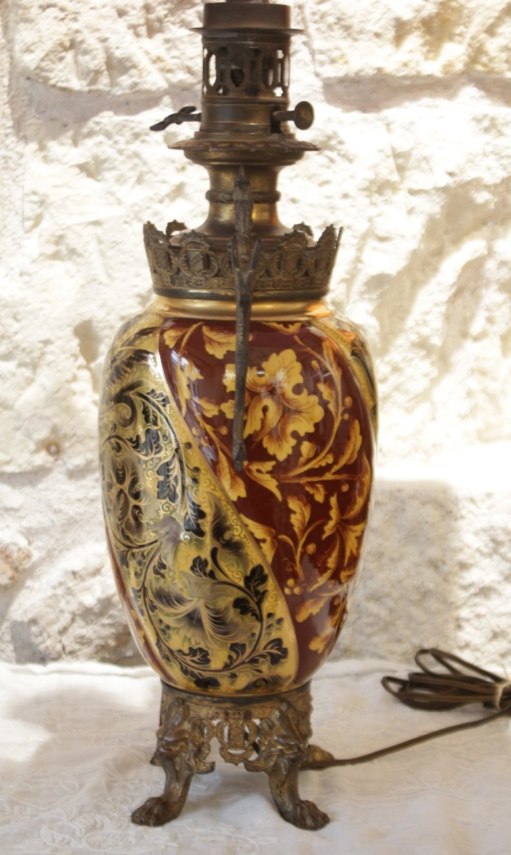 Earthenware Lamp With A Bronze Frame Decorated With Chimeras, Napoleon III Period, Late 19th Century-photo-3