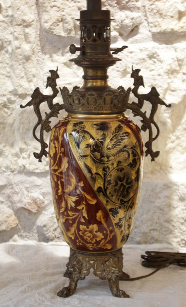 Earthenware Lamp With A Bronze Frame Decorated With Chimeras, Napoleon III Period, Late 19th Century-photo-4