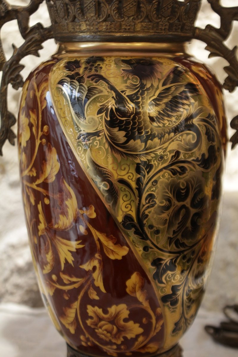 Earthenware Lamp With A Bronze Frame Decorated With Chimeras, Napoleon III Period, Late 19th Century-photo-4