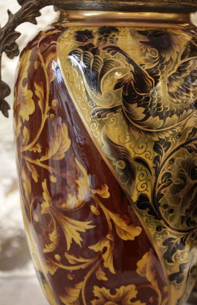 Earthenware Lamp With A Bronze Frame Decorated With Chimeras, Napoleon III Period, Late 19th Century-photo-5