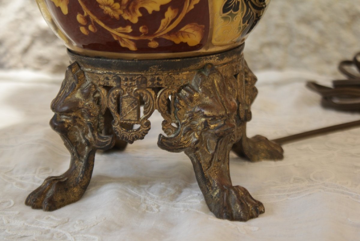 Earthenware Lamp With A Bronze Frame Decorated With Chimeras, Napoleon III Period, Late 19th Century-photo-6