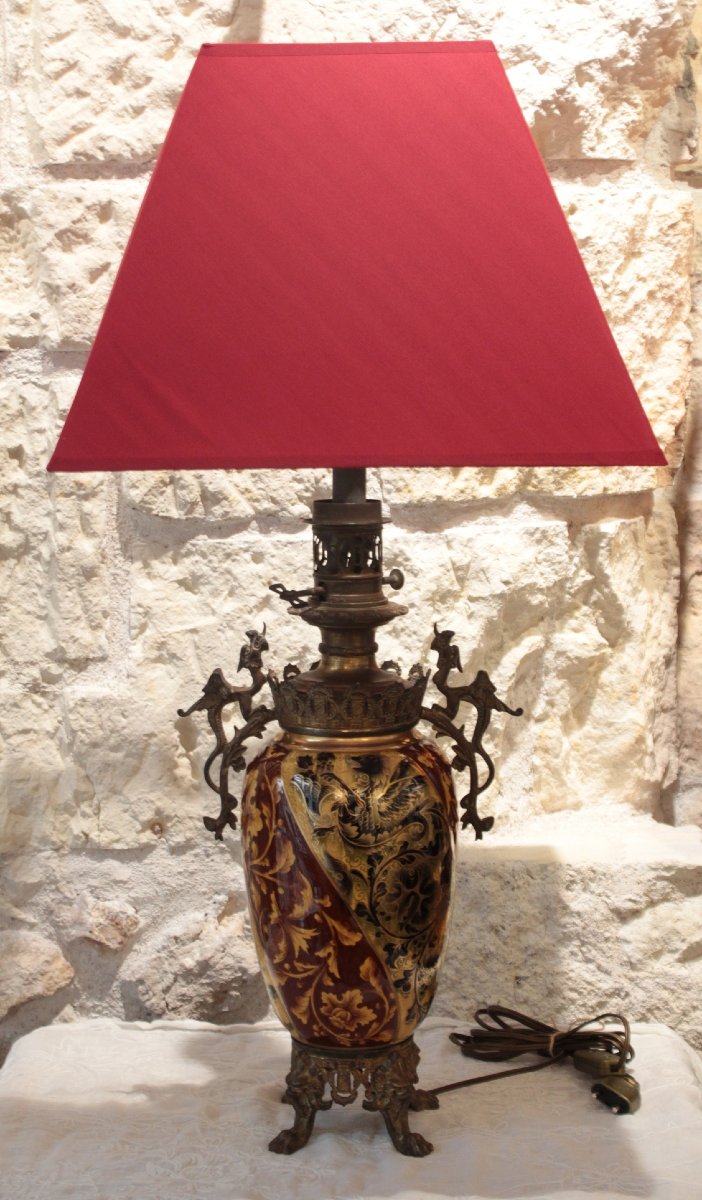 Earthenware Lamp With A Bronze Frame Decorated With Chimeras, Napoleon III Period, Late 19th Century