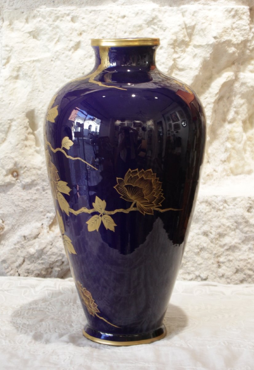 Grand vase balustre en faïence bleu, attribué à Sainte Radegonde Tours, début 20ème siècle-photo-2