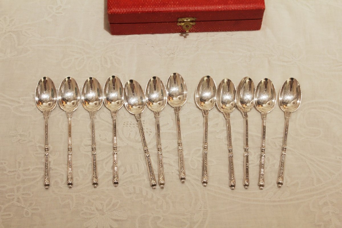 12 Silver-plated Mocha Spoons, St. Médard, In A Gift Box, Mid-20th Century-photo-2