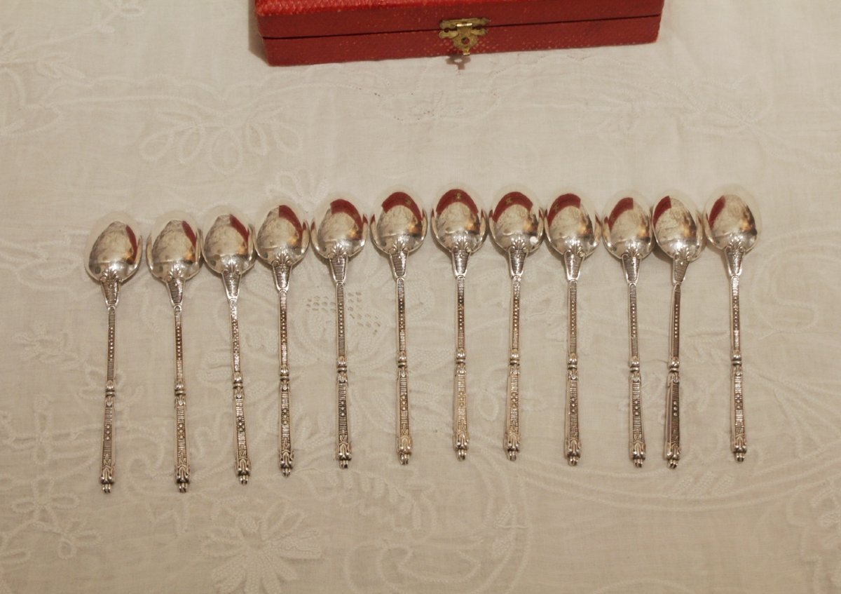 12 Silver-plated Mocha Spoons, St. Médard, In A Gift Box, Mid-20th Century-photo-3